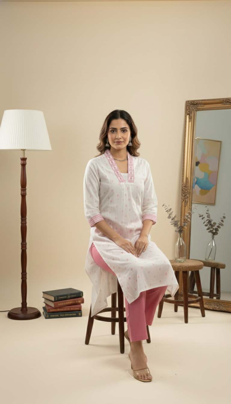 Off-White & Pink Printed Cotton Kurta Set