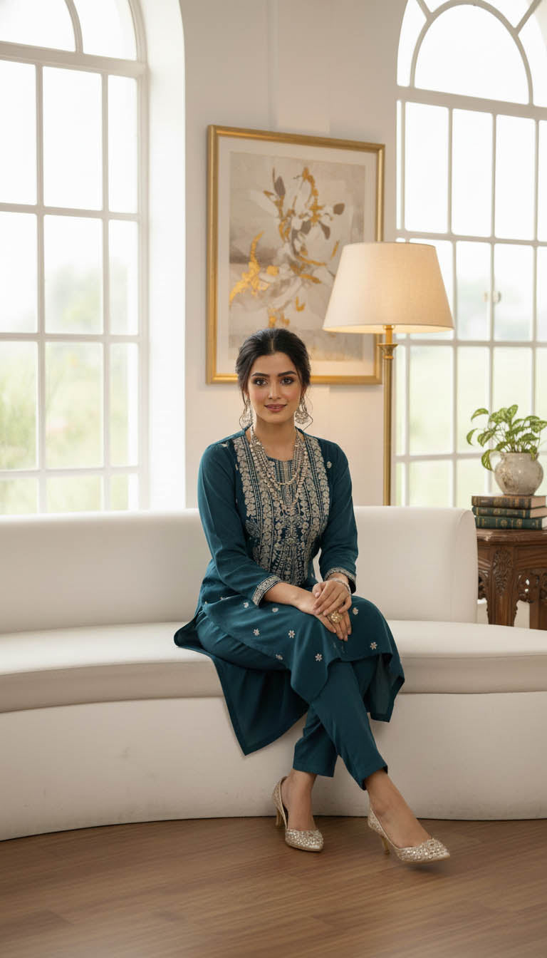 Premium Teal Velvet Embroidered Kurta Set