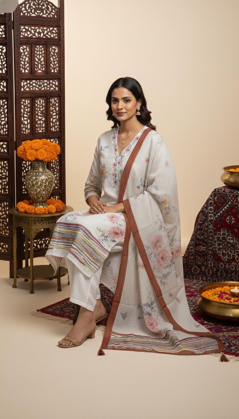 Elegance in Bloom – White Floral Printed Kurta Set with Dupatta