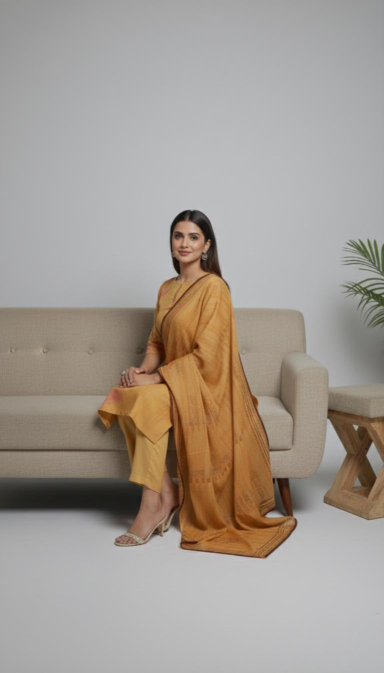 Mustard Floral Printed Cotton Kurta Set