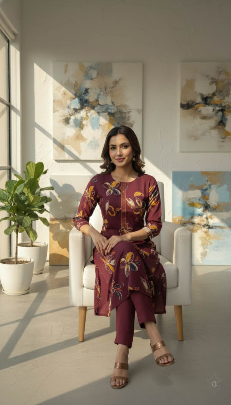 Maroon Floral Viscose Blend Printed Kurta