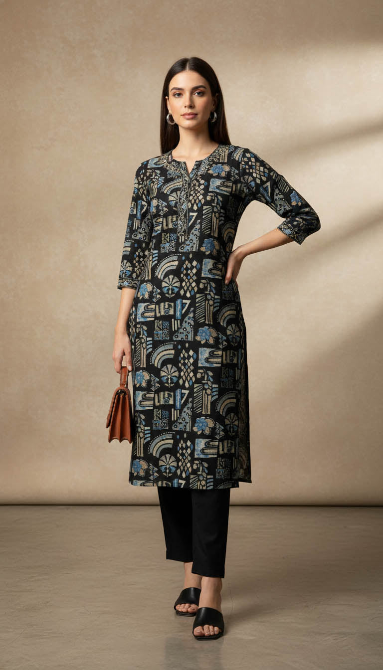 Printed Straight Kurta – Black & Blue Abstract Motif