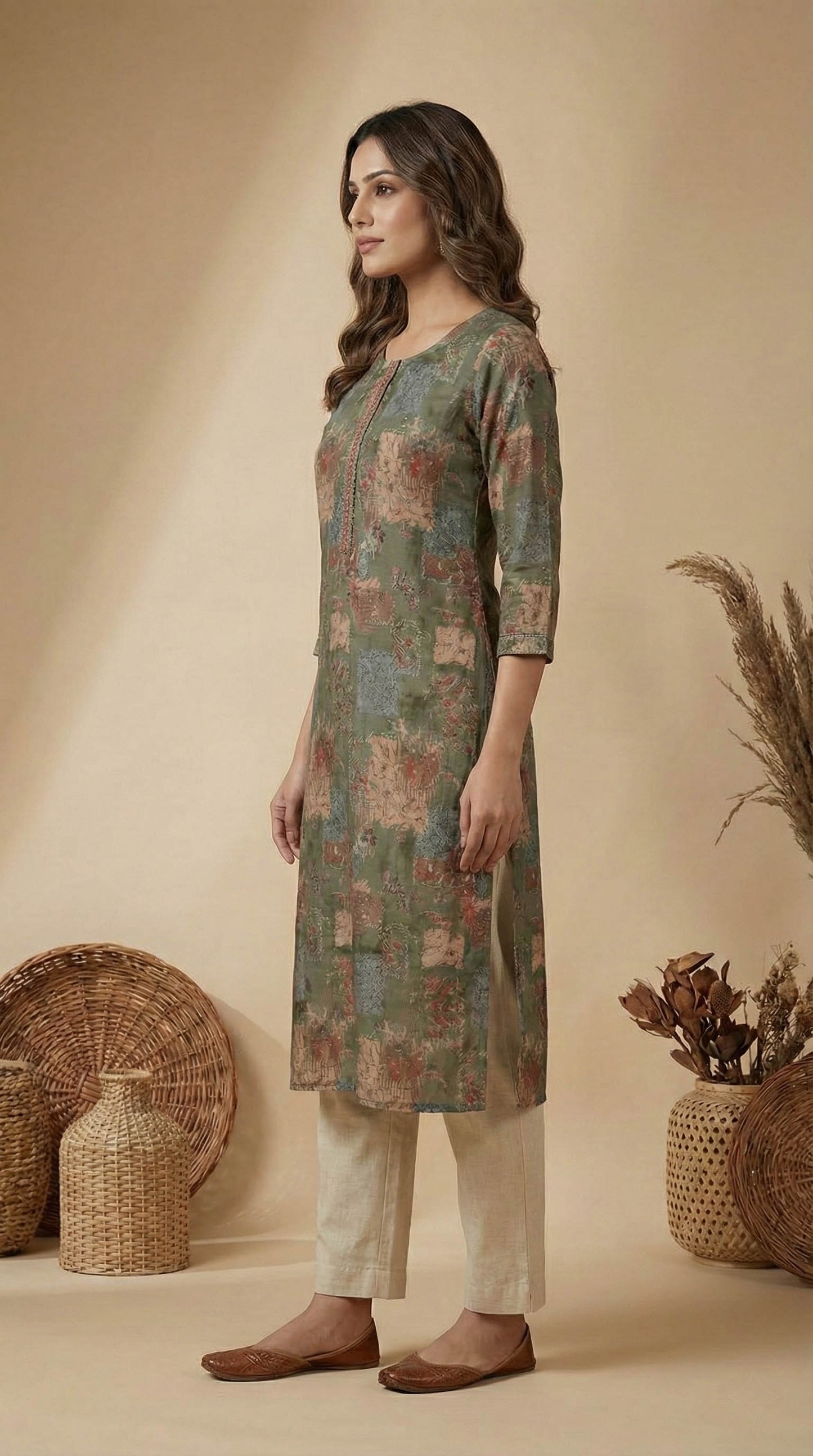 Green Chanderi Silk Straight Fit Kurta