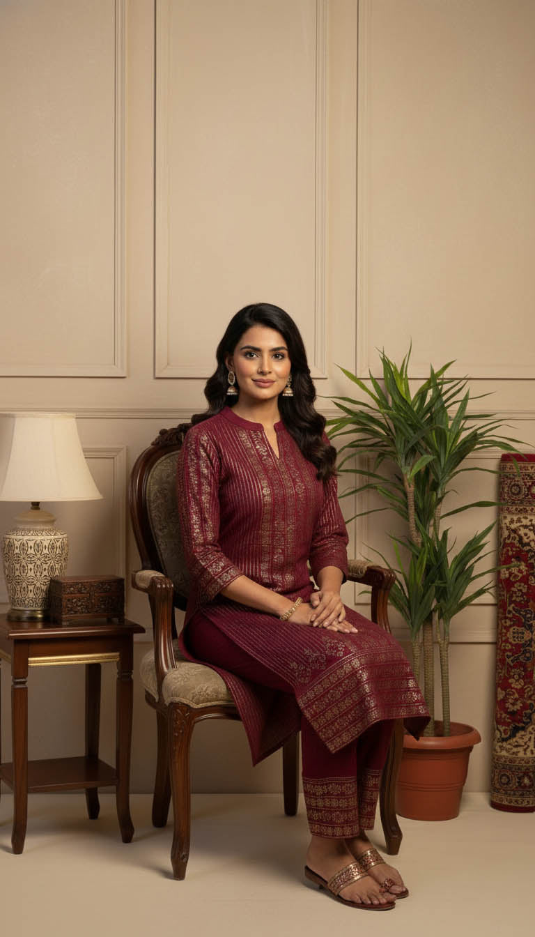 Royal Maroon Velvet Kurta Set with Gold Foil Print