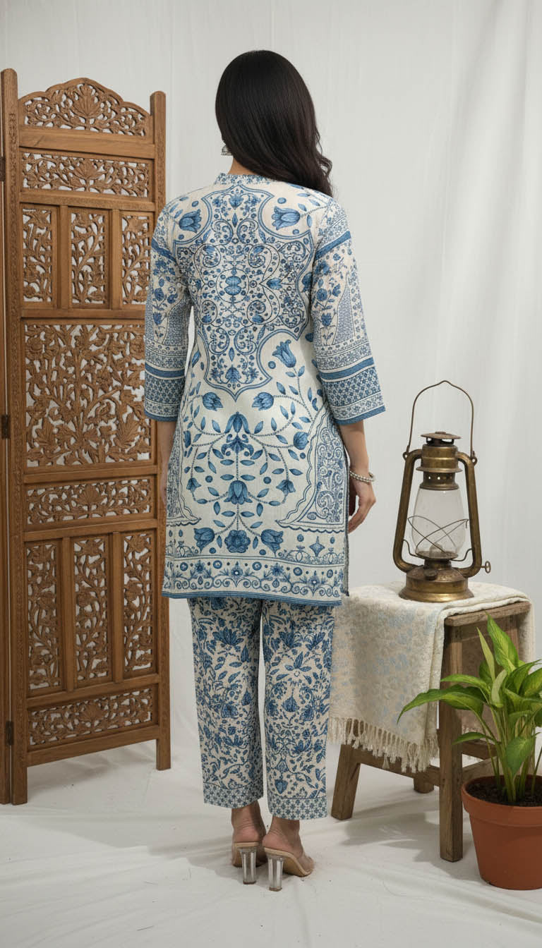 Blue & White Printed Kurta Set