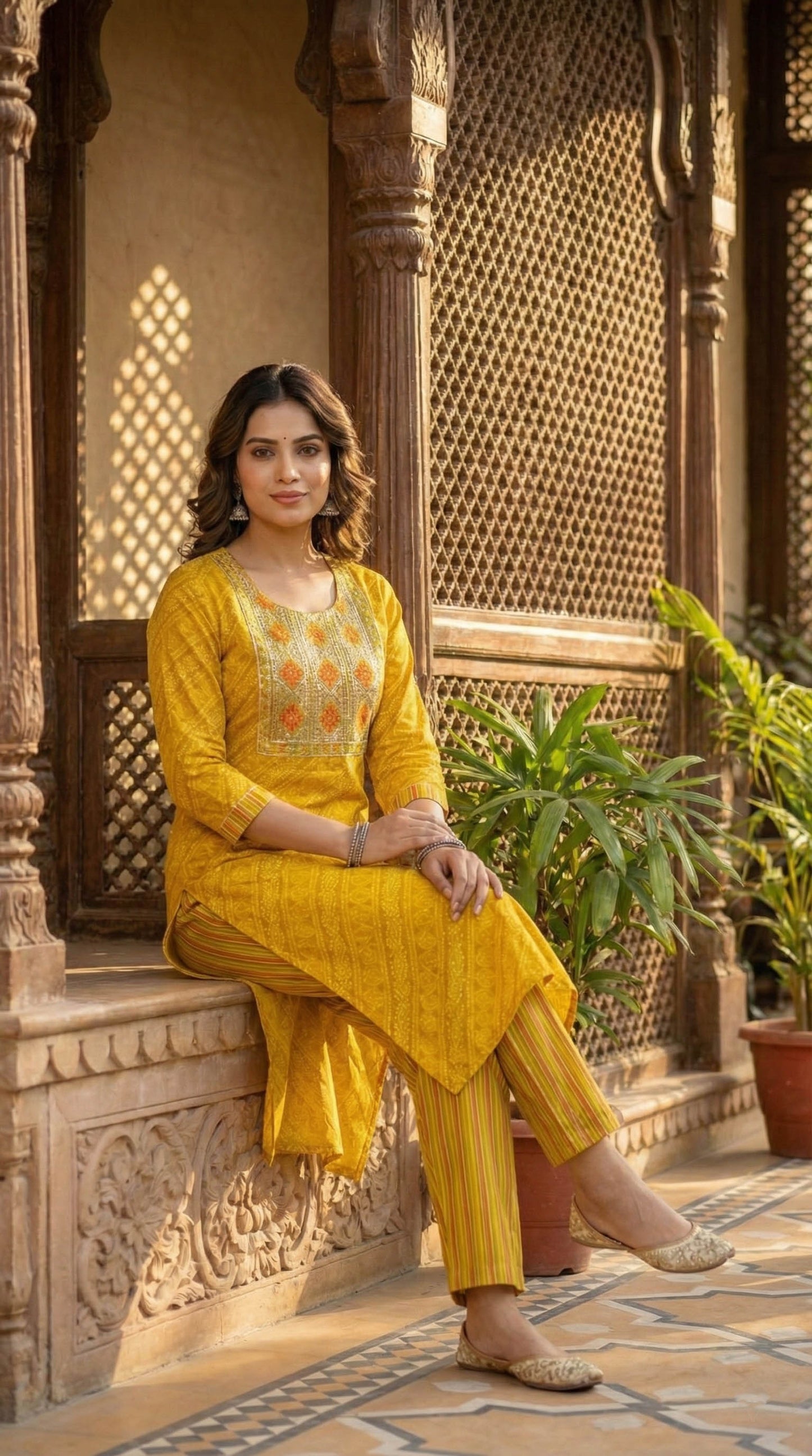 Yellow Viscose Blend Kurta with pant