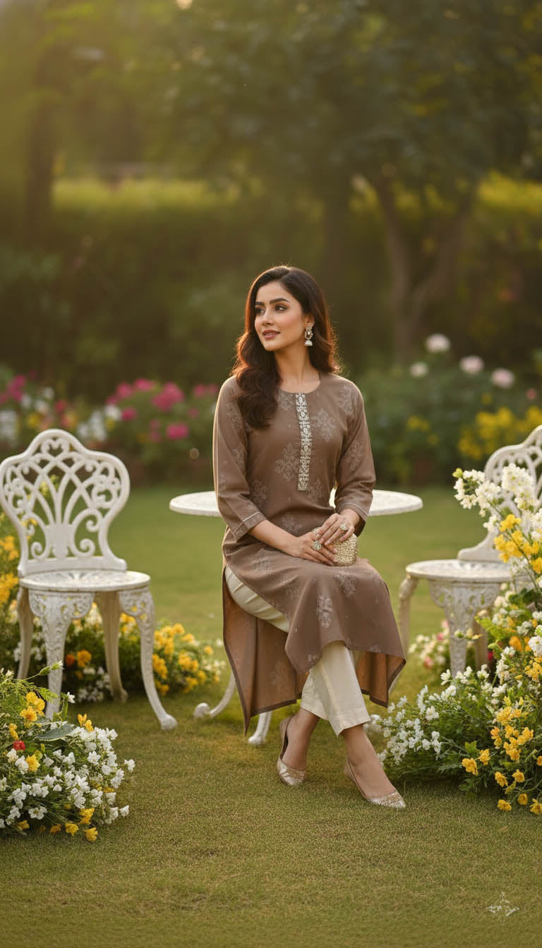 Brown printed straight fit kurta