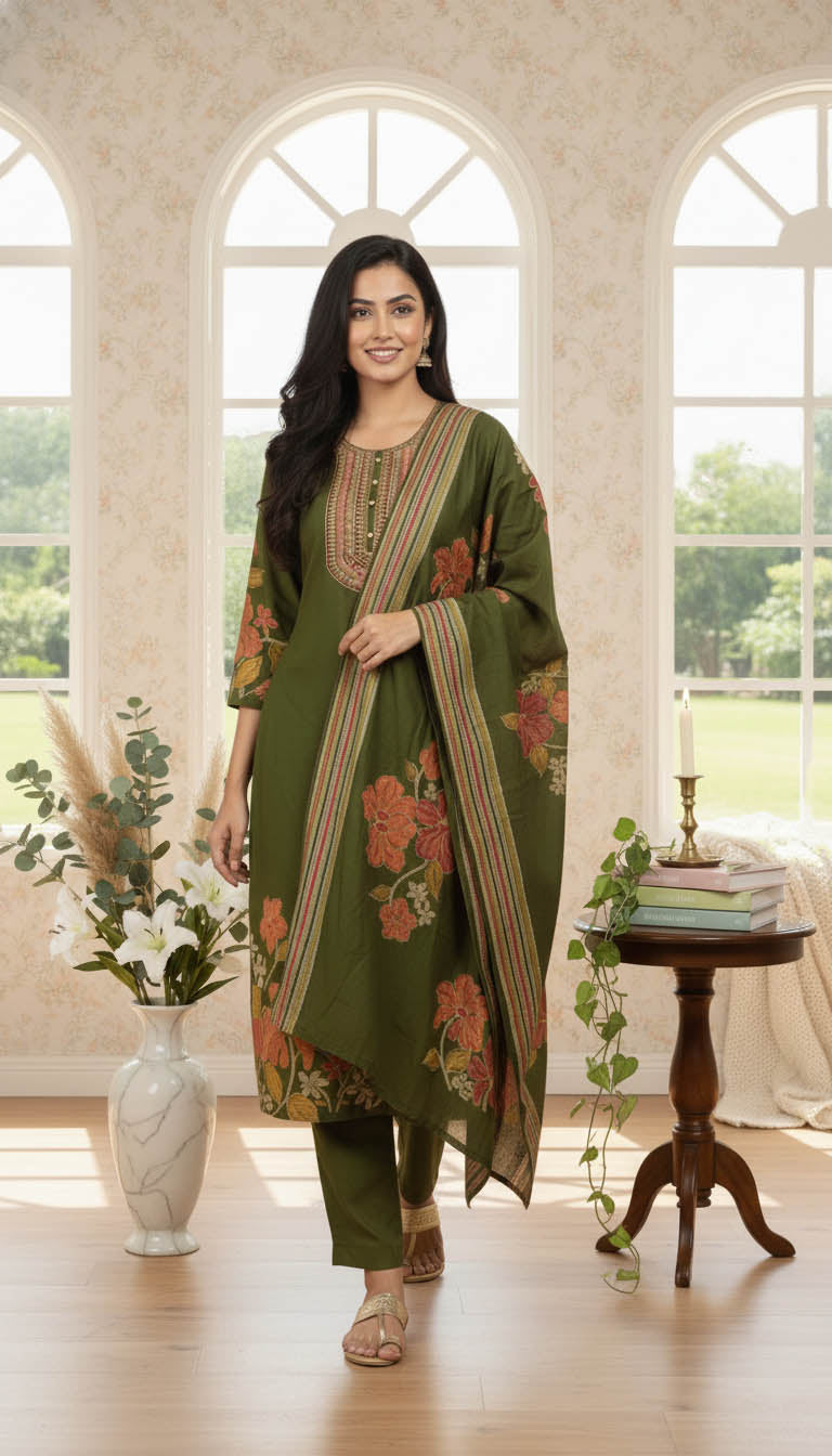 Olive Green Embroidered Viscose Berlin Kurta Set with Dupatta