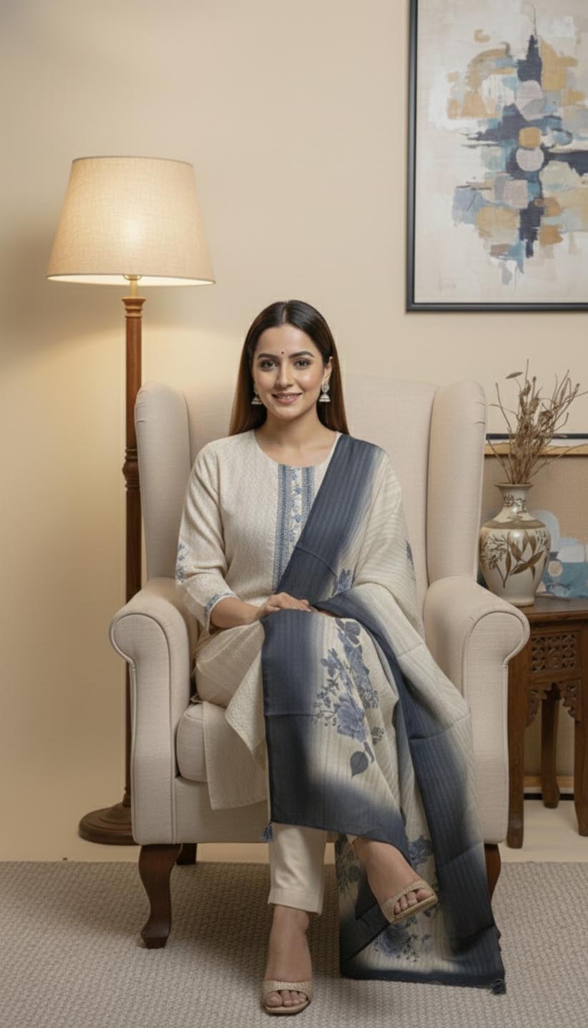 Elegant Blue Floral Printed Kurta Set with Dupatta