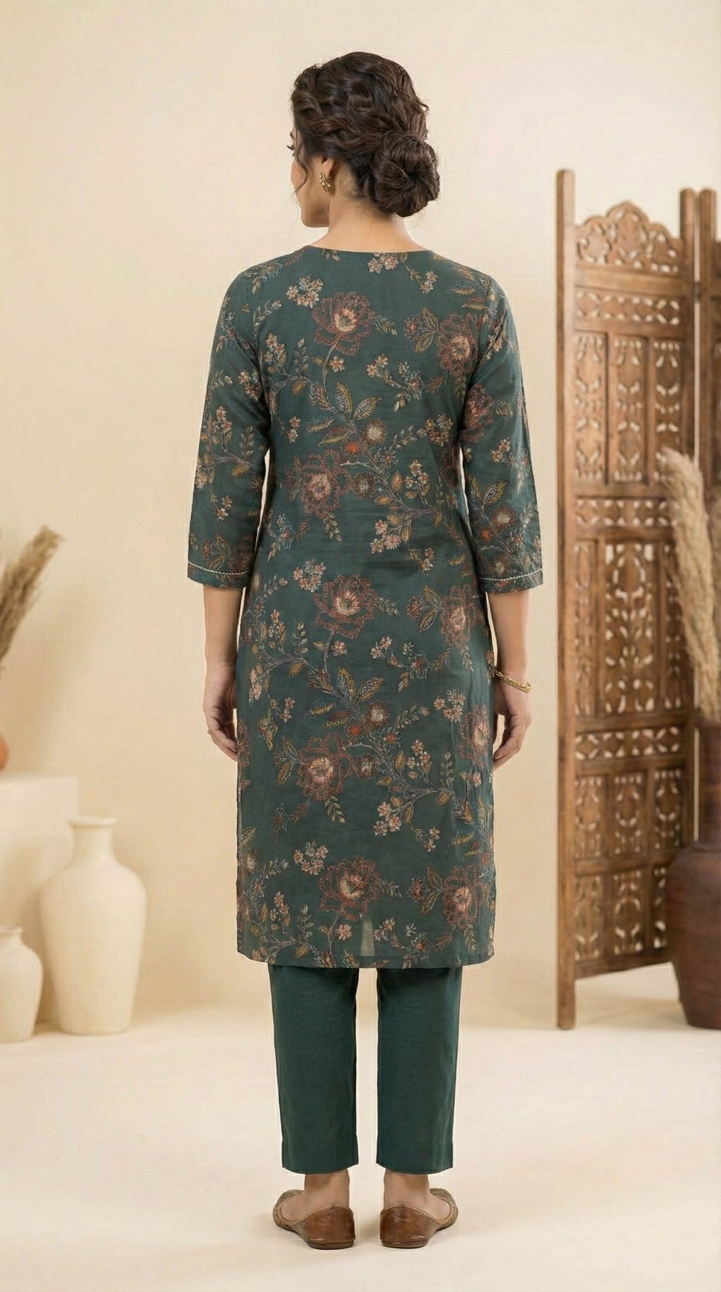 Teal Blue Floral Casual Kurta With Pant