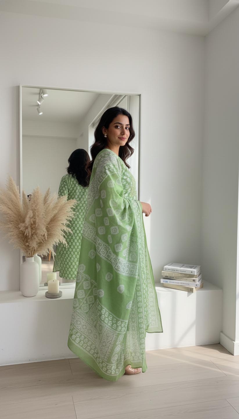 Elegant Green Printed Embroidered Kurta Set with Pant and Dupatta