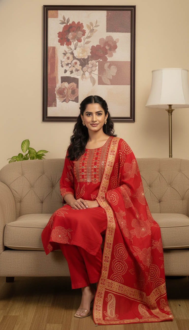 Elegant Printed Red Viscose Blend Kurta Set