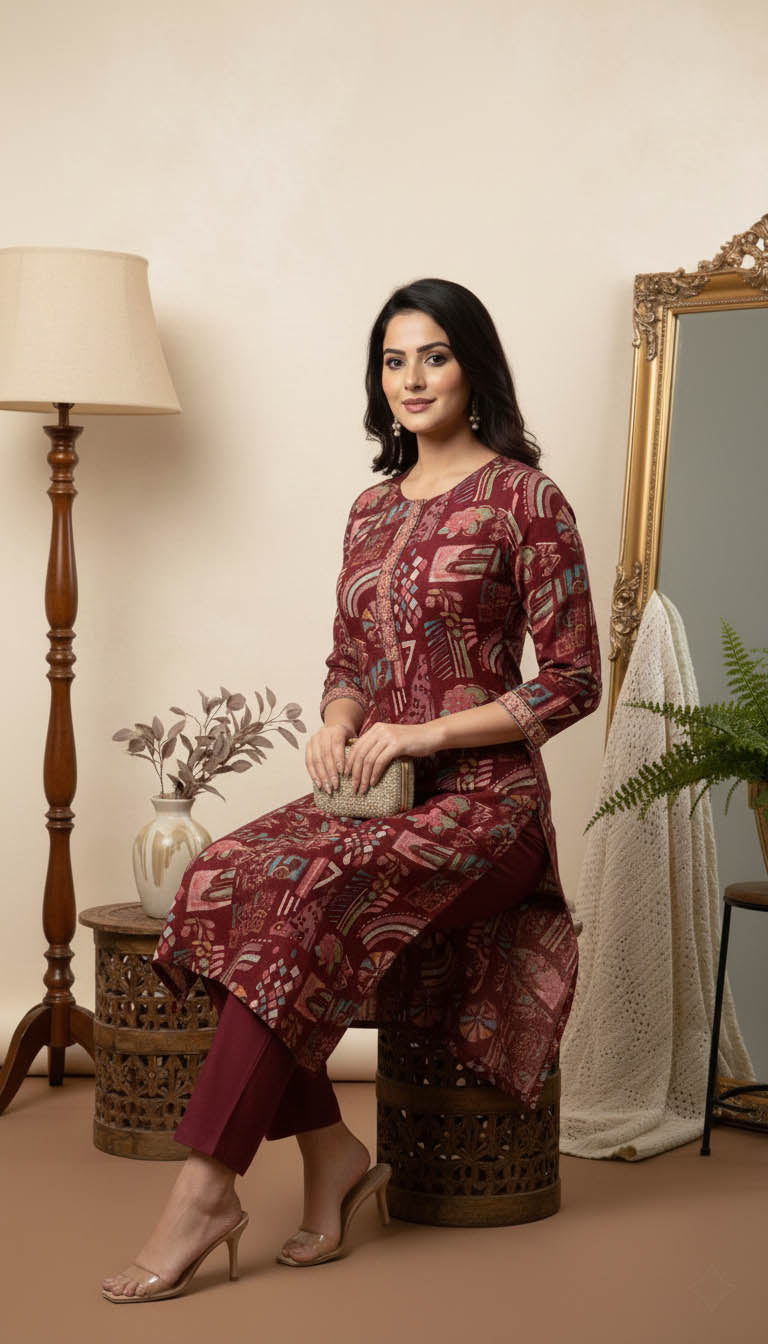 Maroon Floral Viscose Blend Printed Kurta