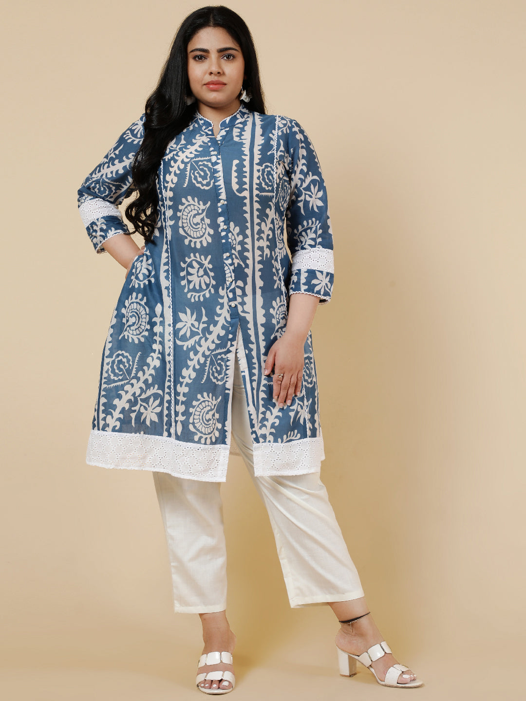 Blue Plus Size Ethnic Printed A-Line kurta