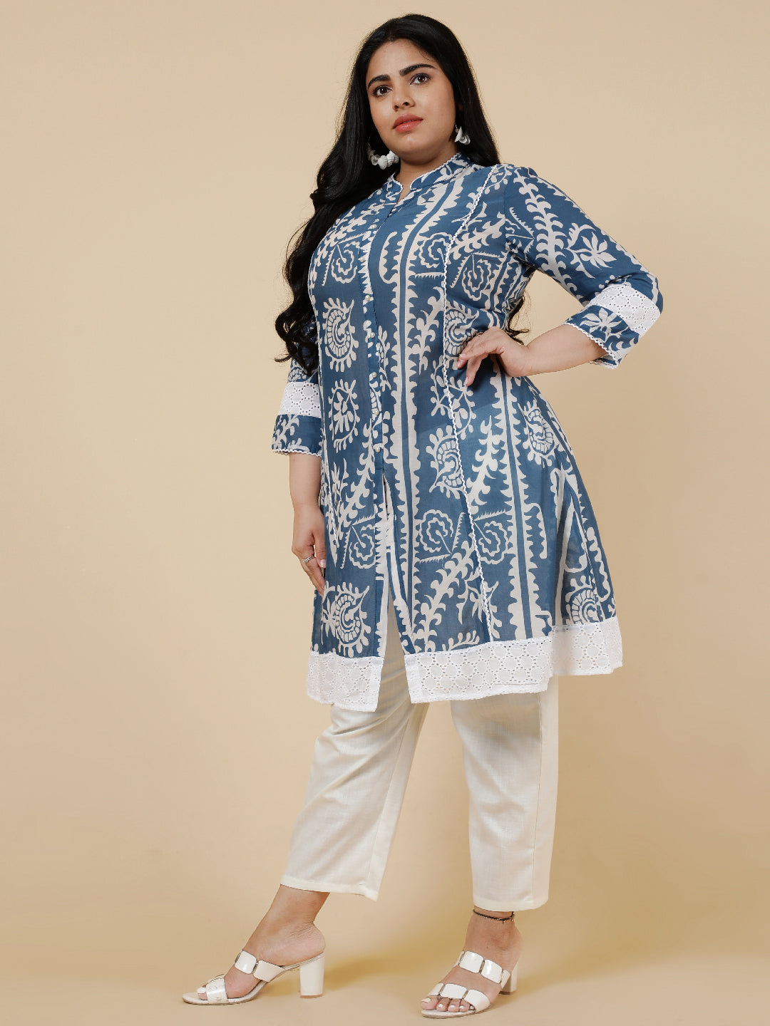 Blue Plus Size Ethnic Printed A-Line kurta