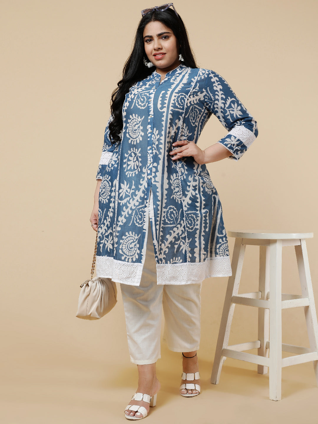 Blue Plus Size Ethnic Printed A-Line kurta