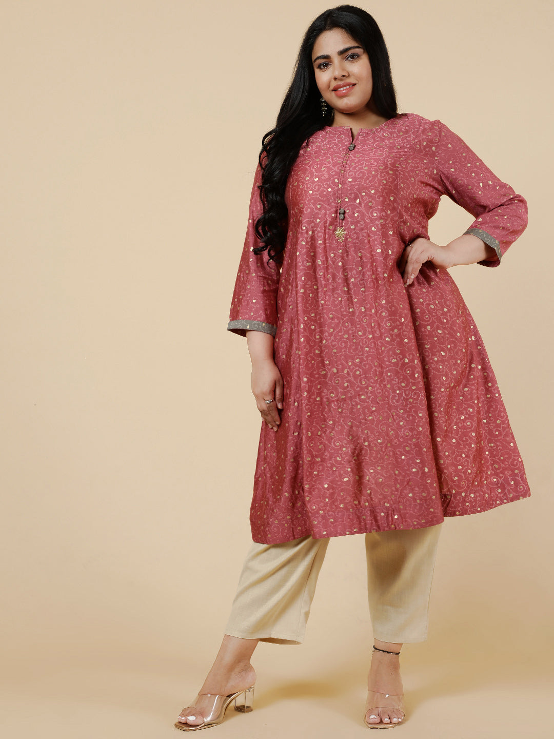 Pink Plus Size foil printed Flared kurta