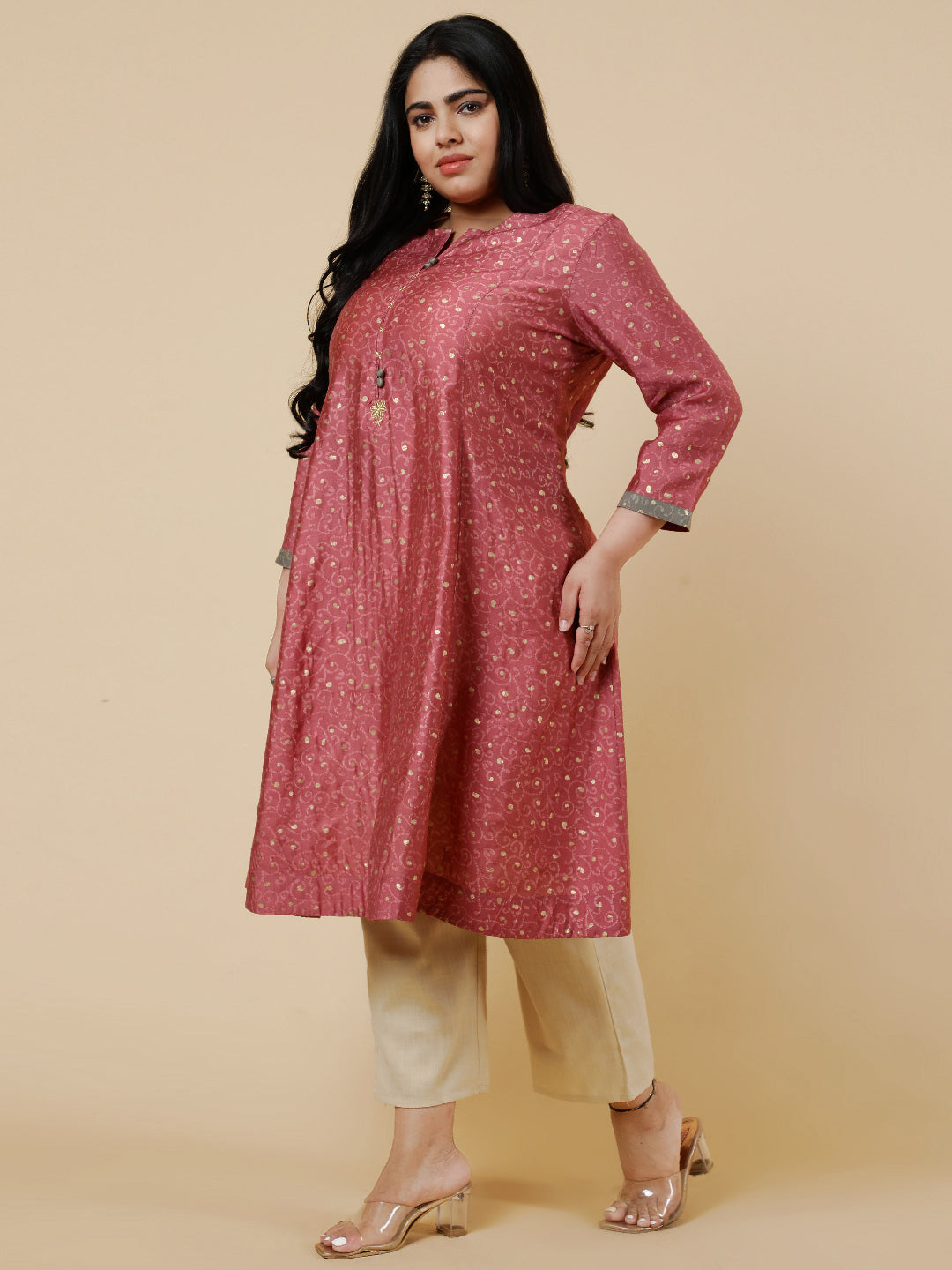 Pink Plus Size foil printed Flared kurta