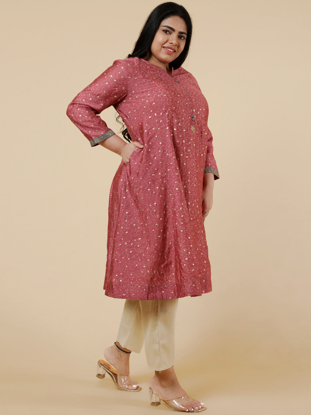 Pink Plus Size foil printed Flared kurta