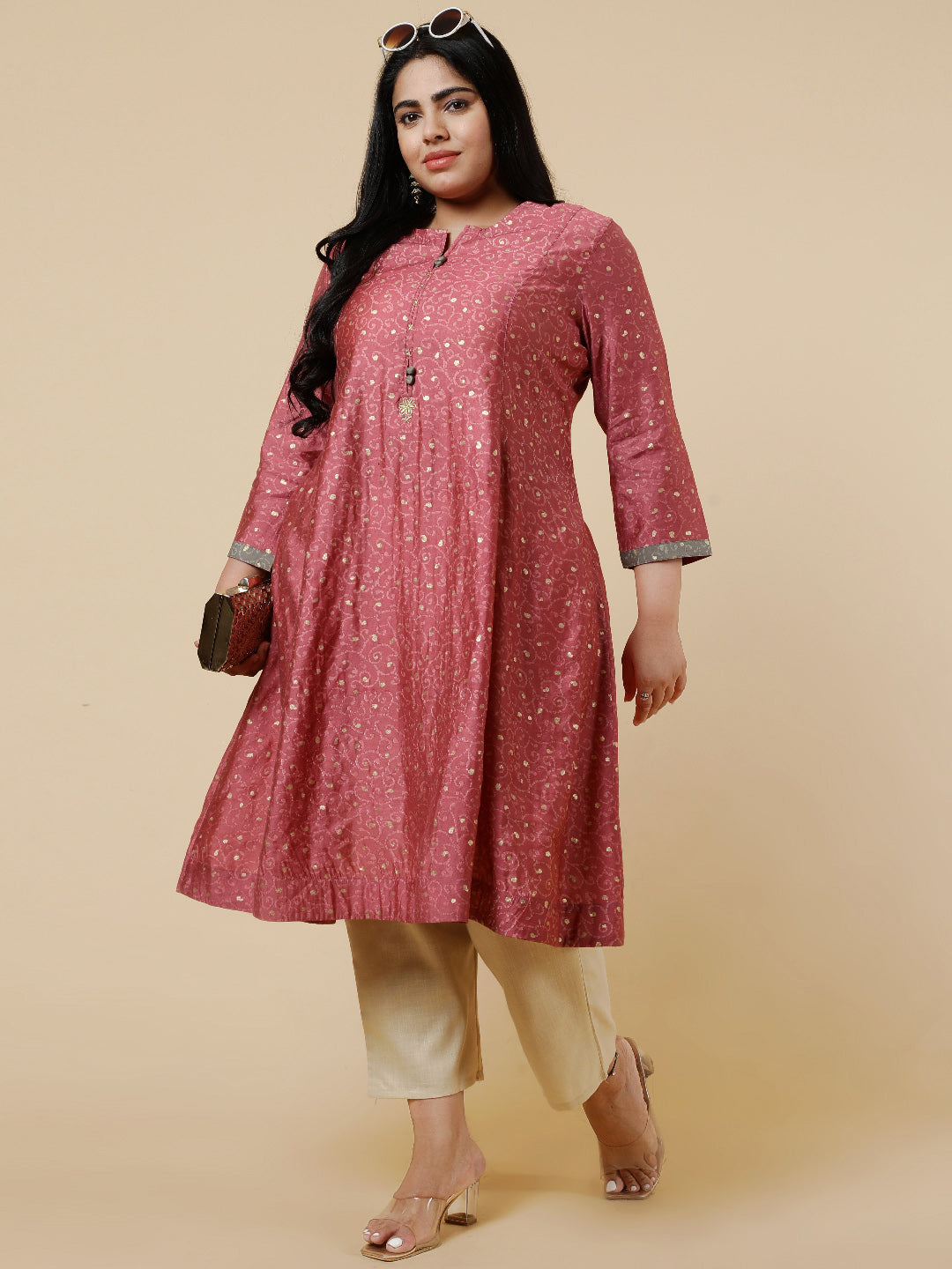 Pink Plus Size foil printed Flared kurta