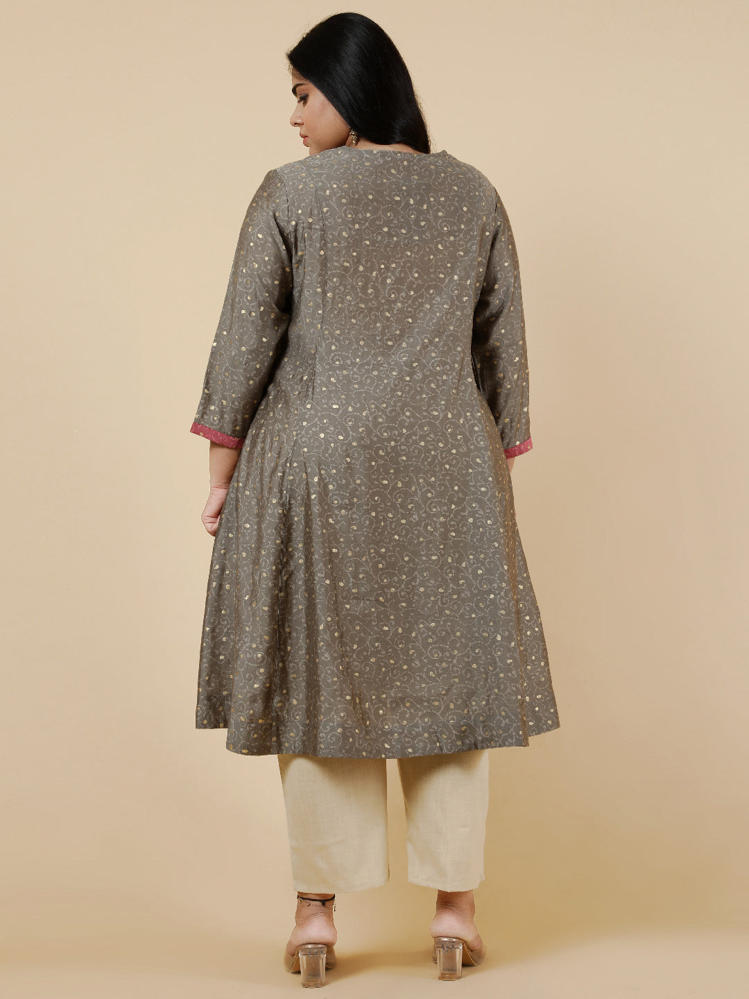 Grey Plus Size foil printed Flared kurta.
