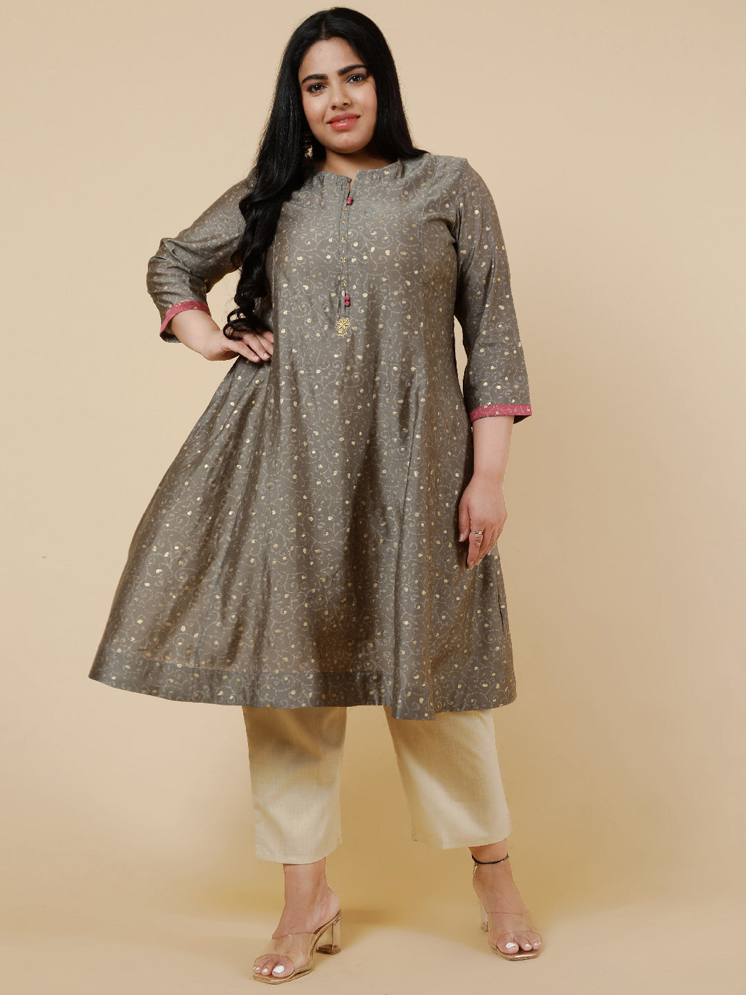 Grey Plus Size foil printed Flared kurta.