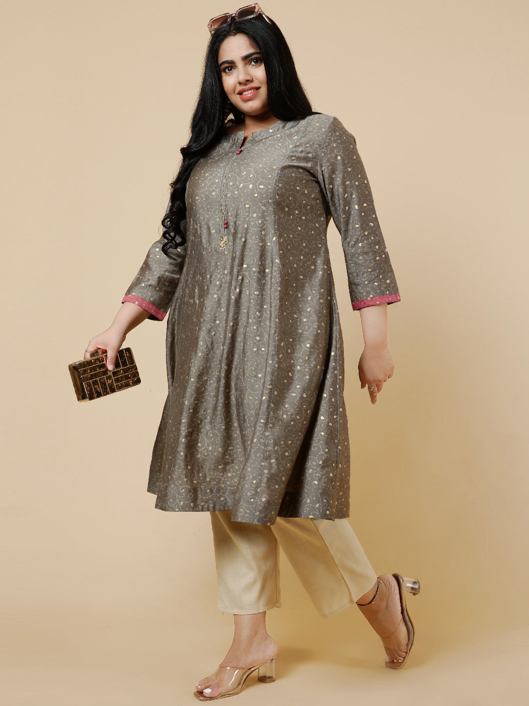 Grey Plus Size foil printed Flared kurta.