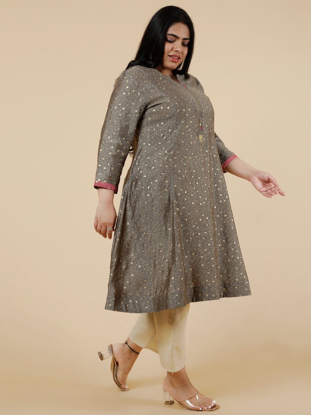 Grey Plus Size foil printed Flared kurta.