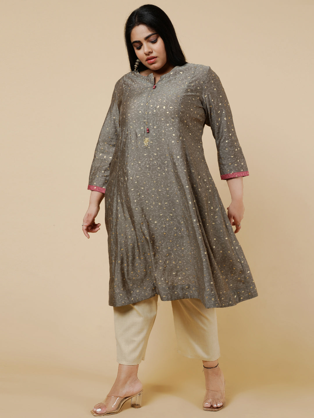 Grey Plus Size foil printed Flared kurta.