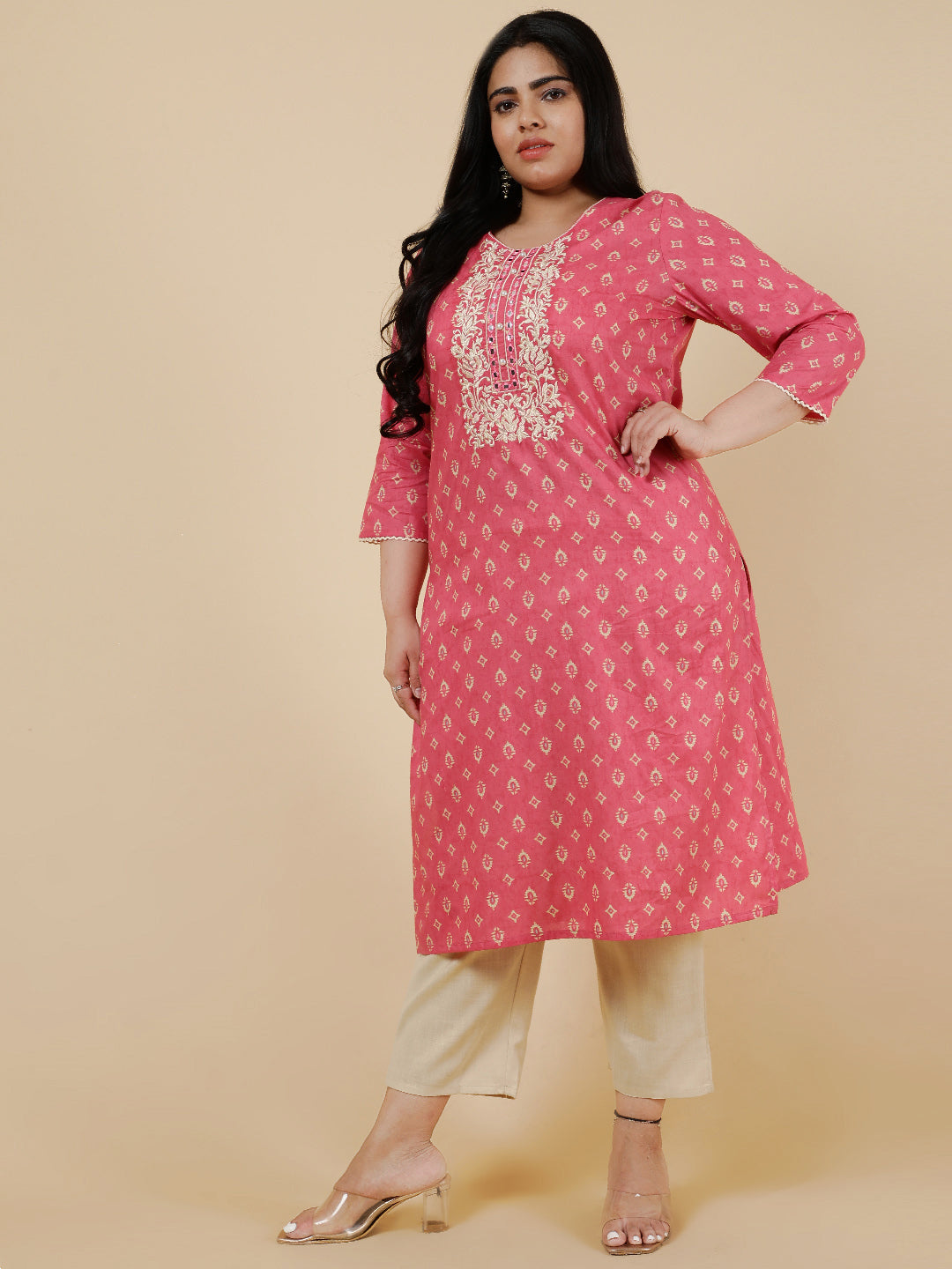 Pink Plus Size Embroidered straight kurta.