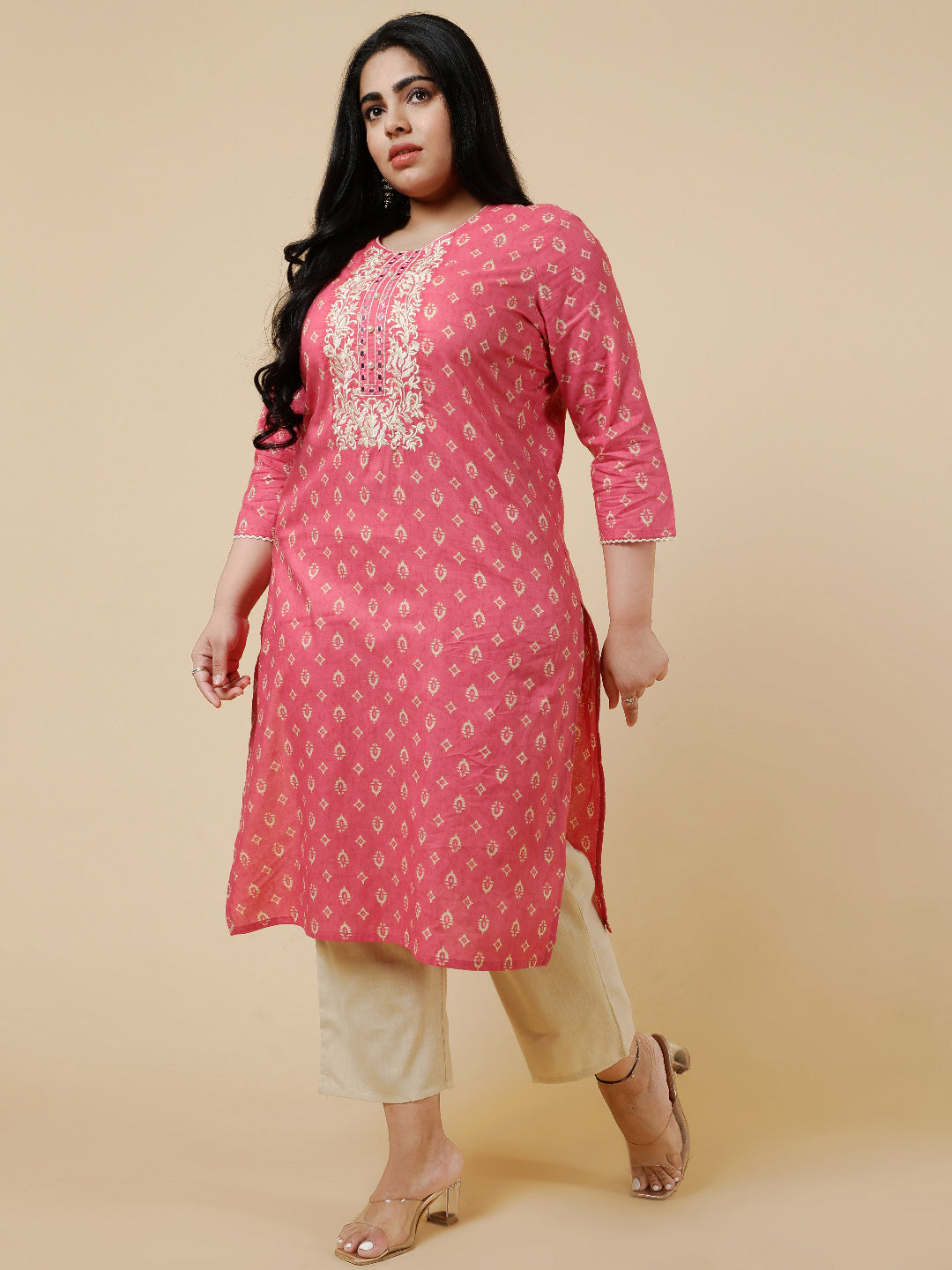 Pink Plus Size Embroidered straight kurta.
