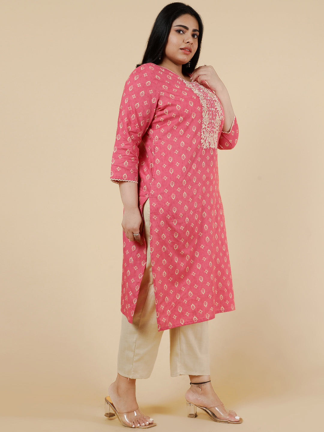 Pink Plus Size Embroidered straight kurta.
