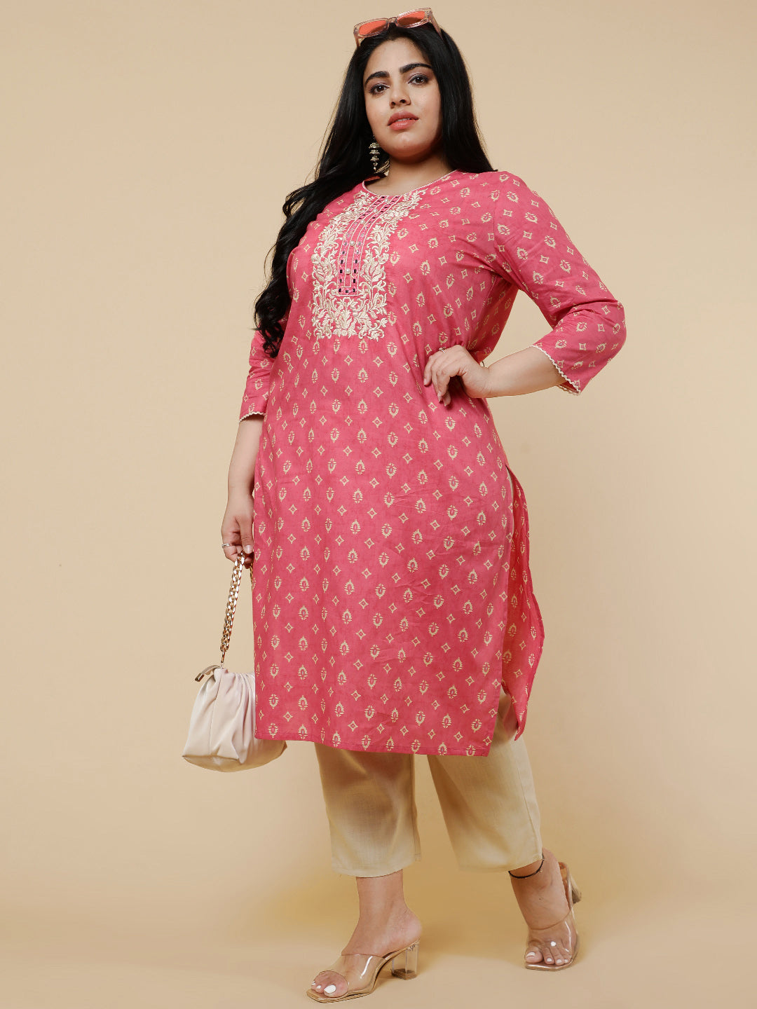 Pink Plus Size Embroidered straight kurta.