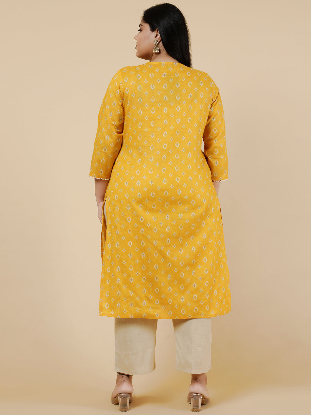 Yellow Plus Size Embroidered straight kurta.