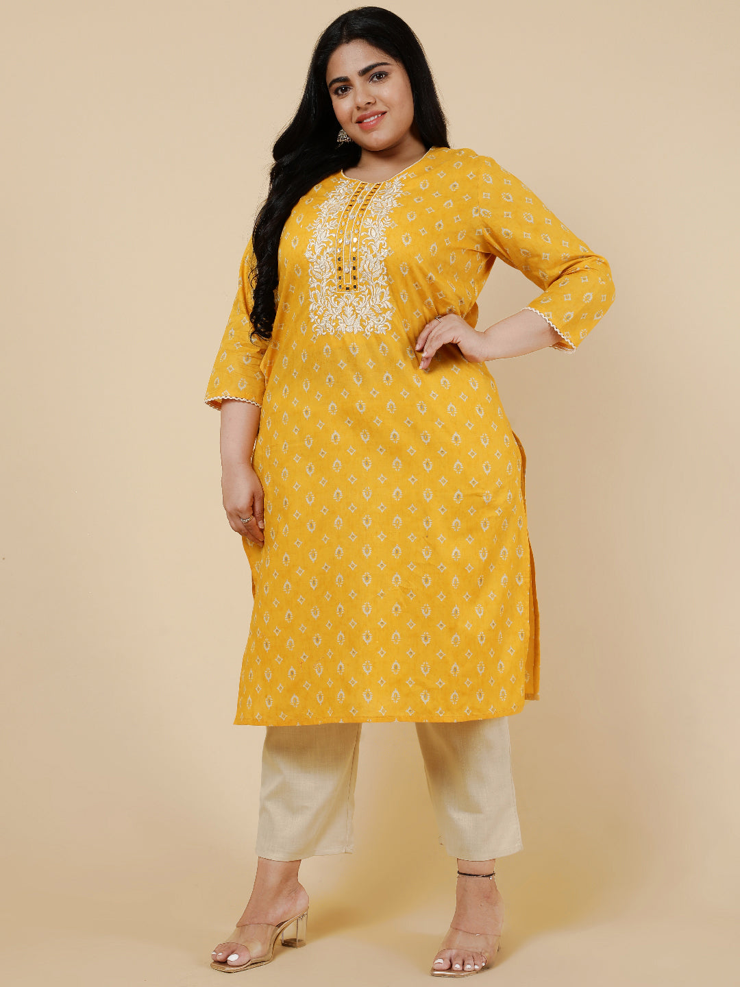 Yellow Plus Size Embroidered straight kurta.