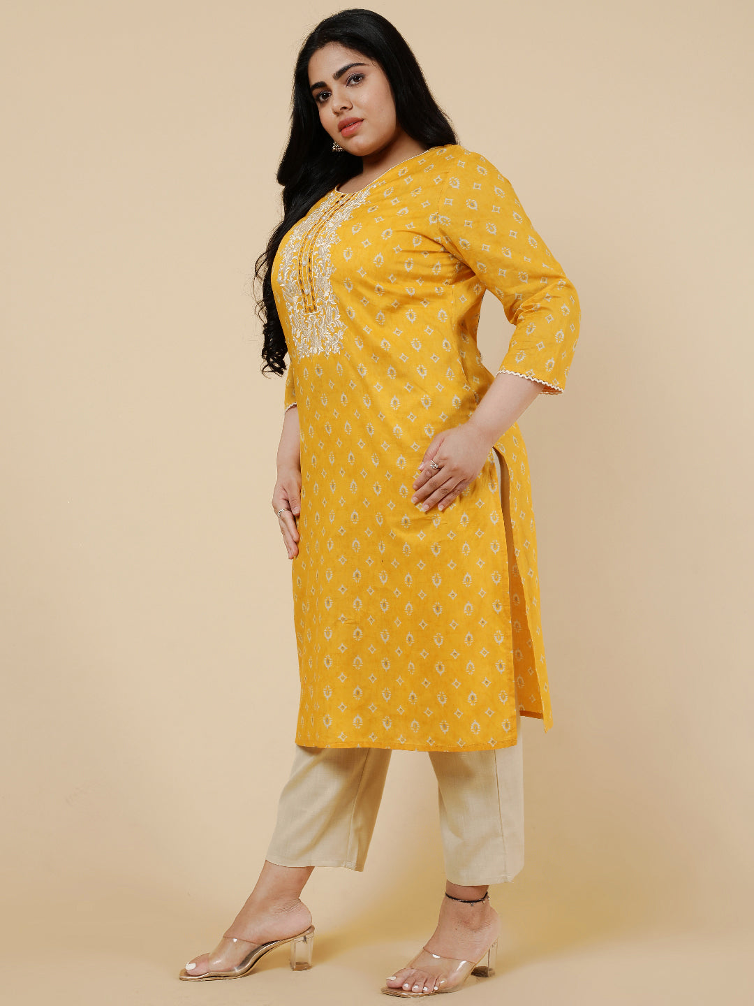 Yellow Plus Size Embroidered straight kurta.