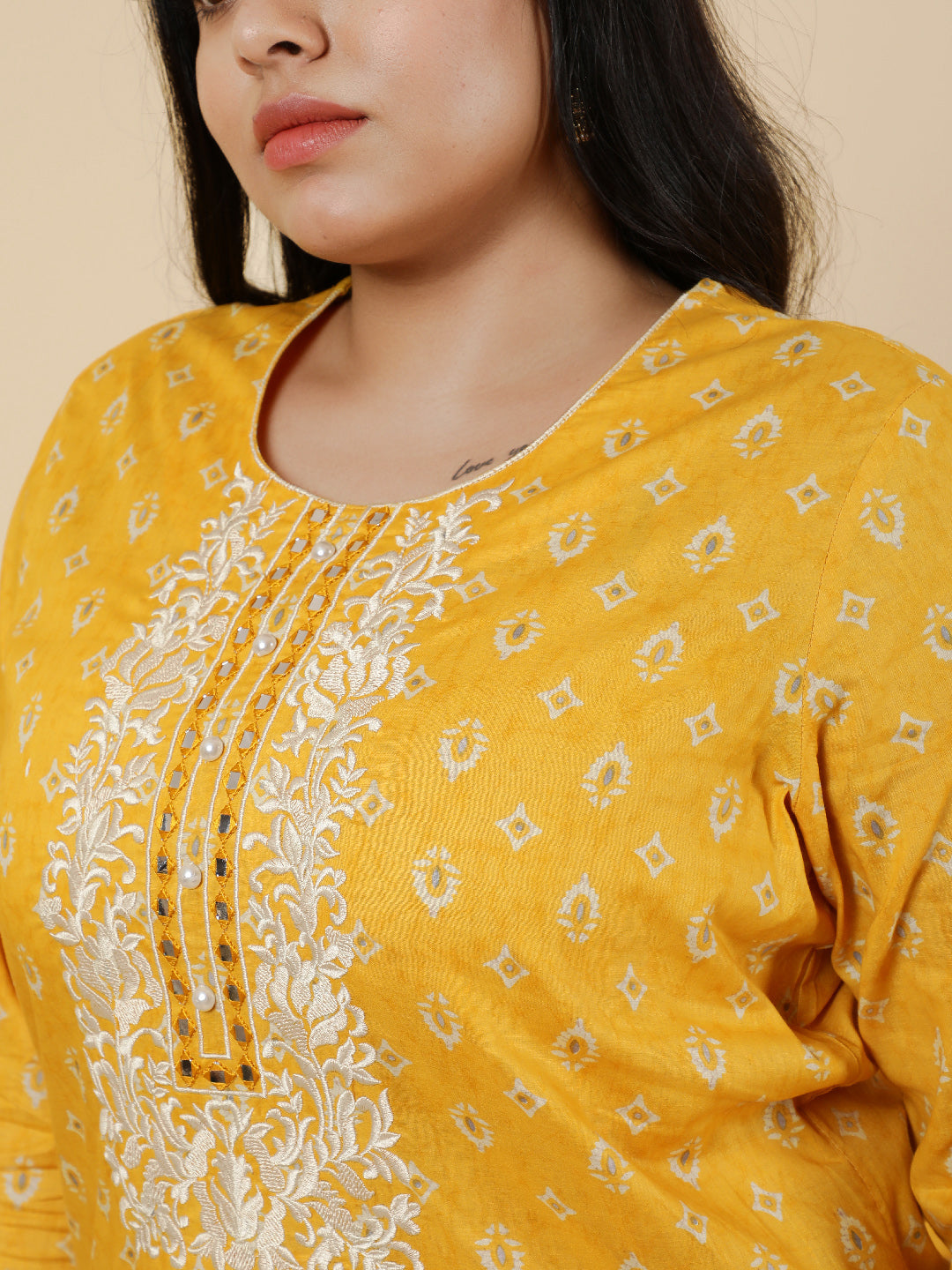 Yellow Plus Size Embroidered straight kurta.