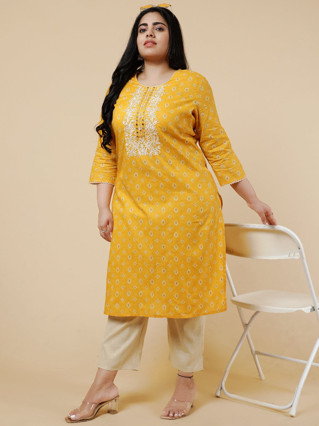 Yellow Plus Size Embroidered straight kurta.