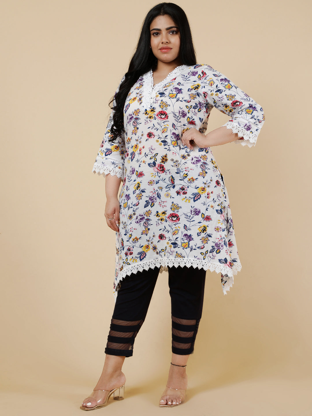 White & blue Plus Size floral Printed A-Line kurta.