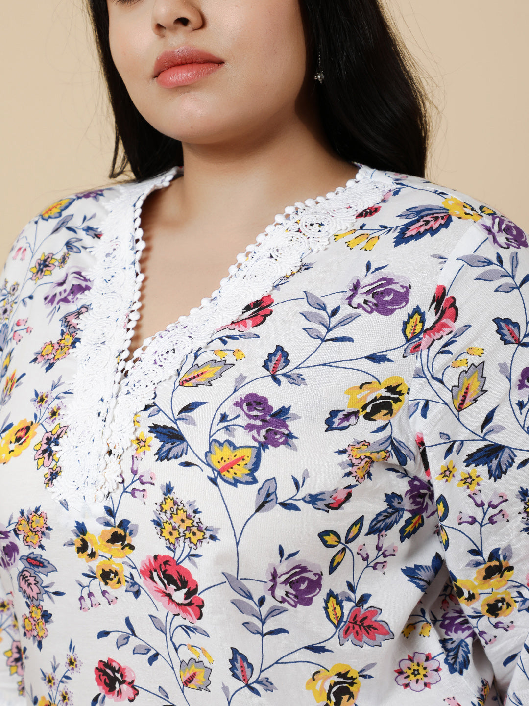 White & blue Plus Size floral Printed A-Line kurta.