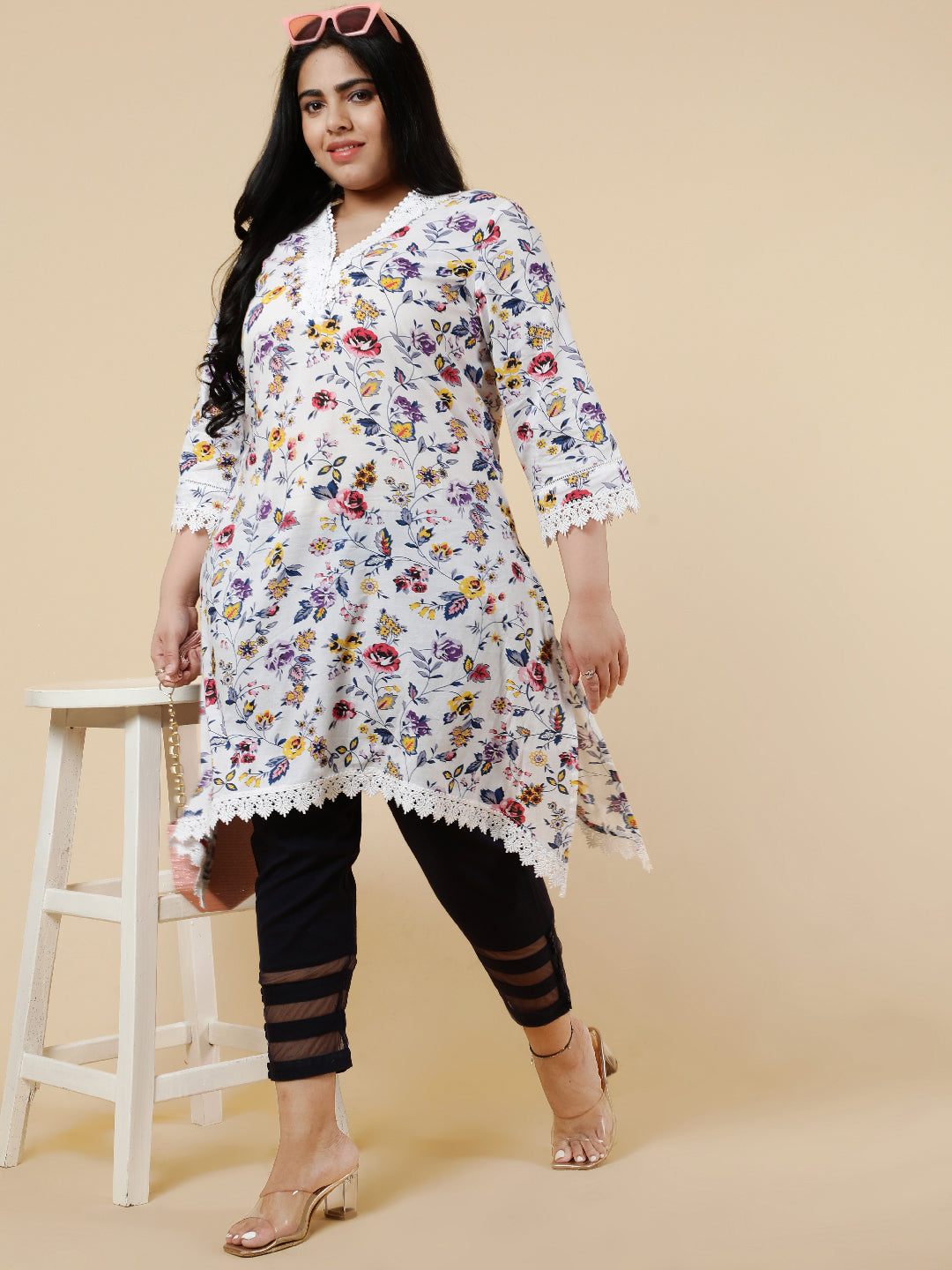 White & blue Plus Size floral Printed A-Line kurta.