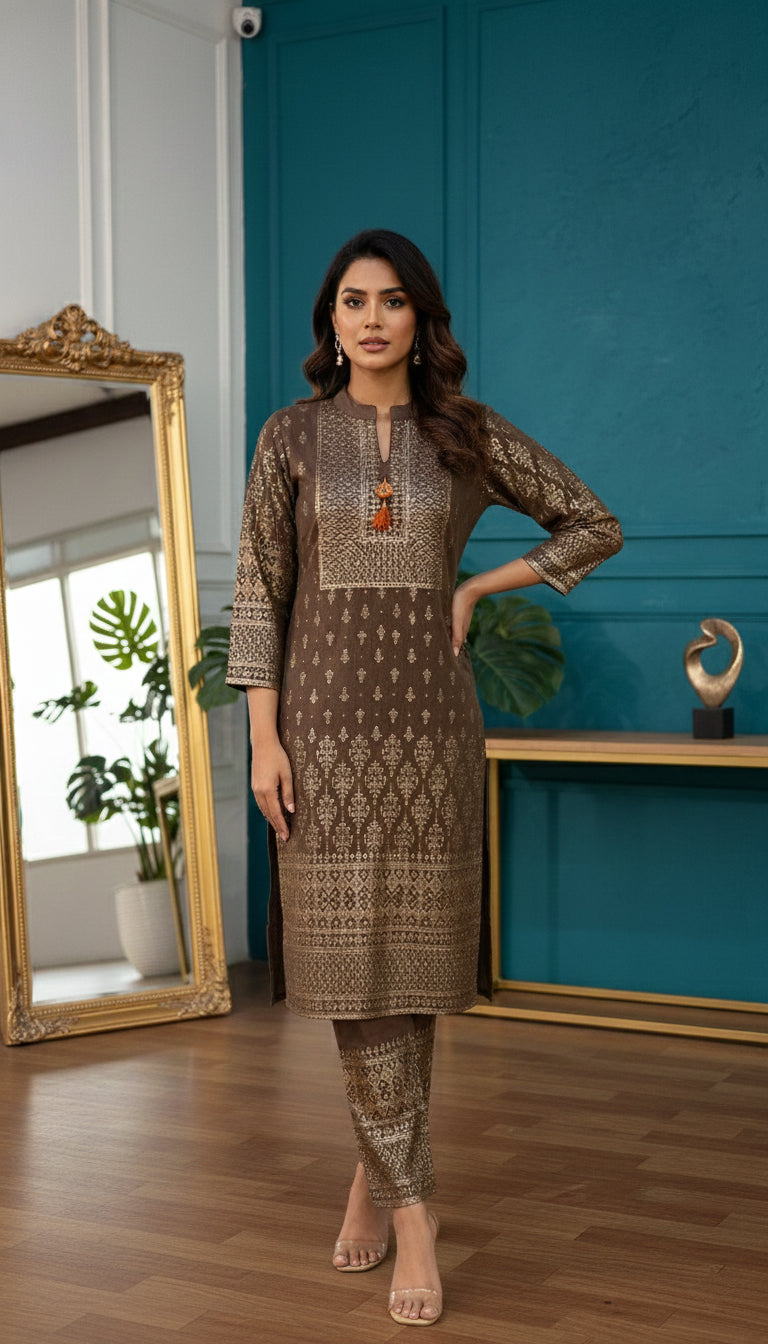 Elegant Brown Velvet Kurta Set with Foil Print Detailing