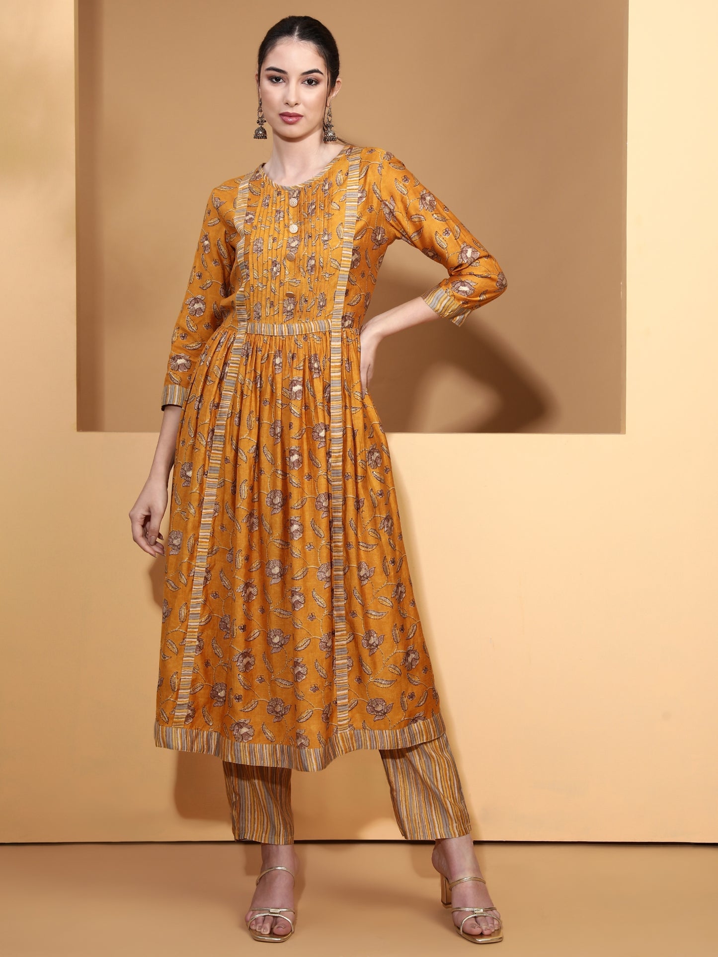 Be Indi Women Mustard Pintuck Yoke Desing Anarkali Kurta With Trouser