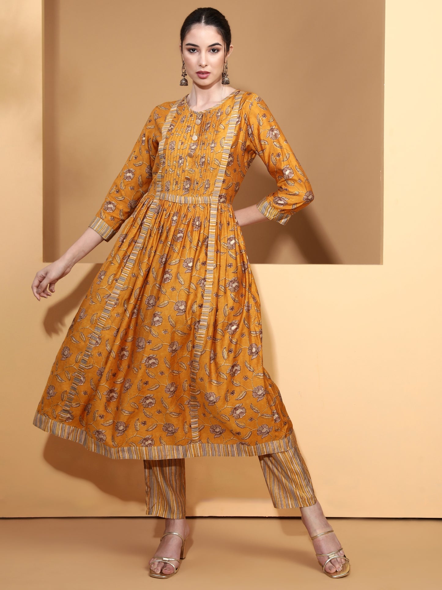 Be Indi Women Mustard Pintuck Yoke Desing Anarkali Kurta With Trouser