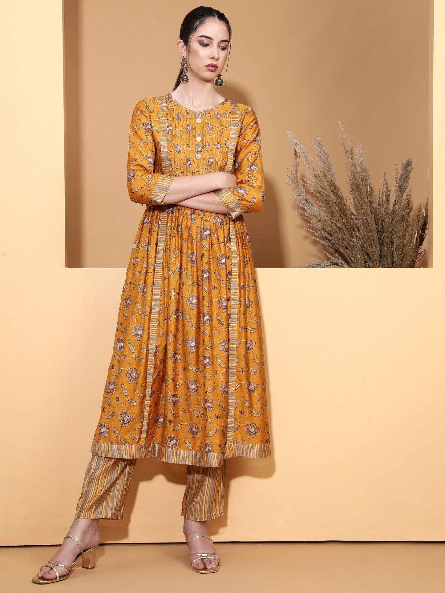 Be Indi Women Mustard Pintuck Yoke Desing Anarkali Kurta With Trouser