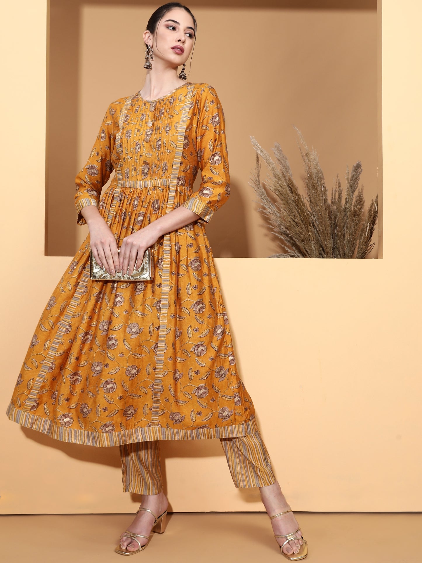 Be Indi Women Mustard Pintuck Yoke Desing Anarkali Kurta With Trouser