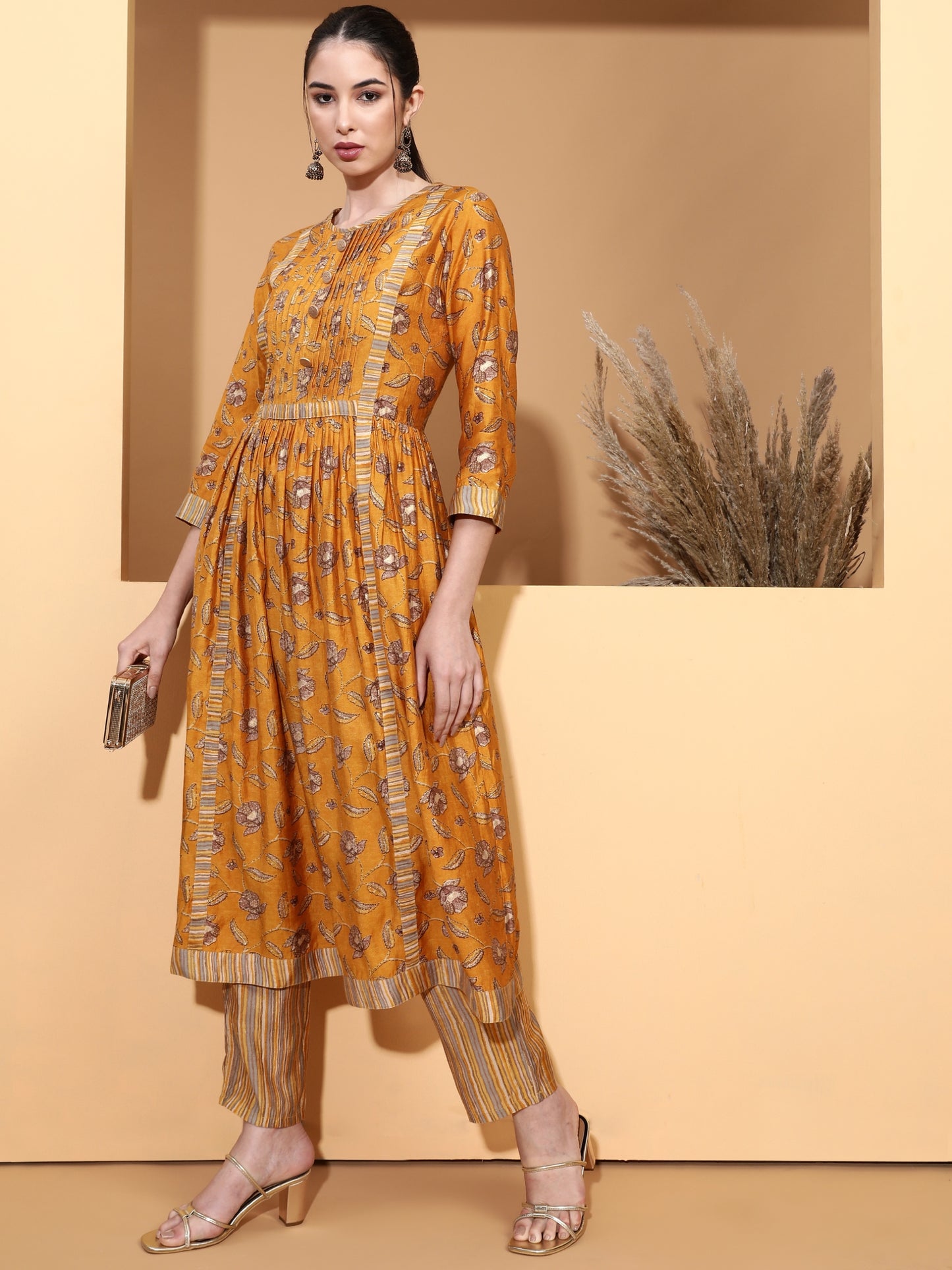 Be Indi Women Mustard Pintuck Yoke Desing Anarkali Kurta With Trouser