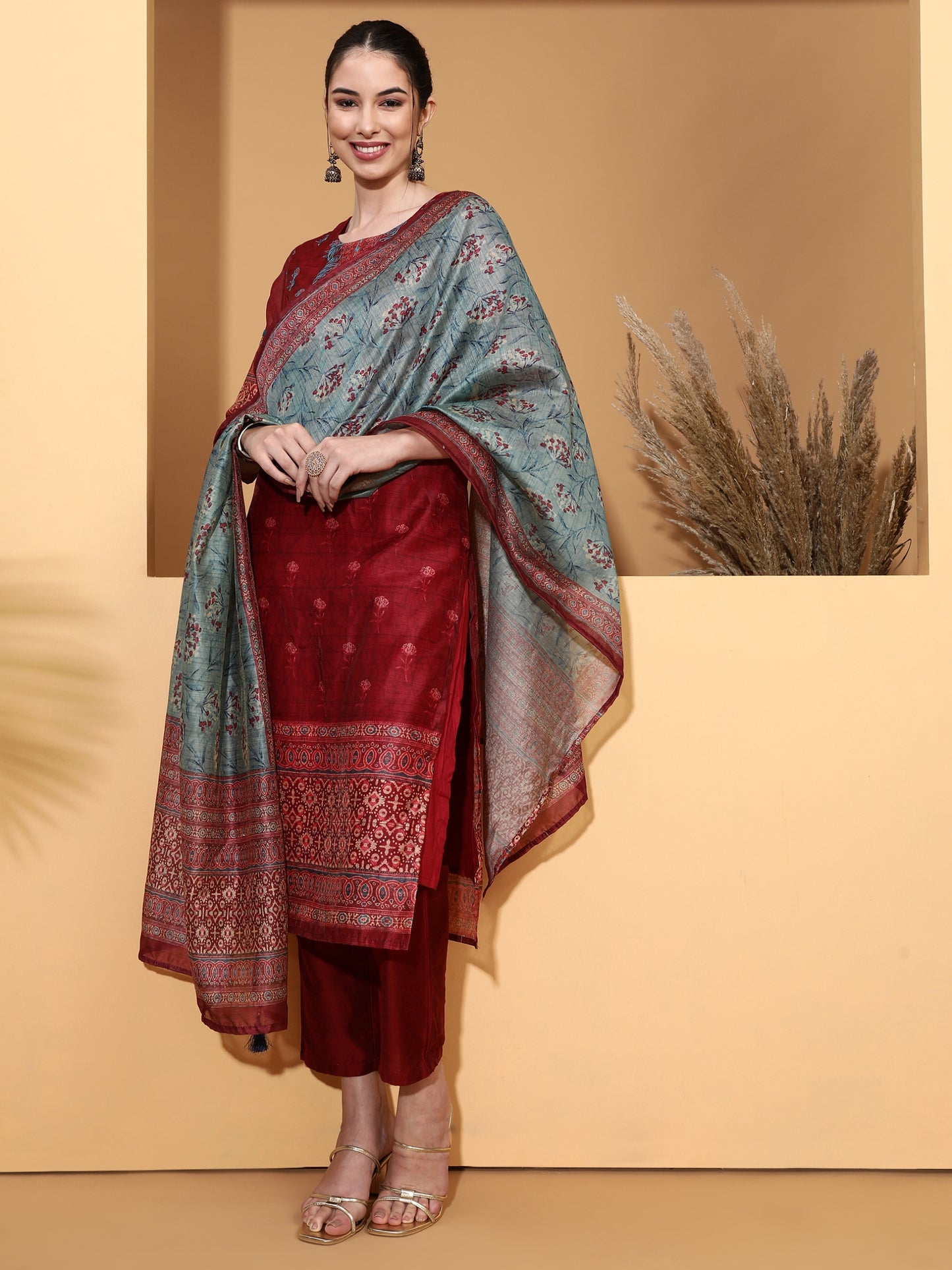 Be Indi Women Maroon Aari Work Kurta With Trouser & With Dupatta