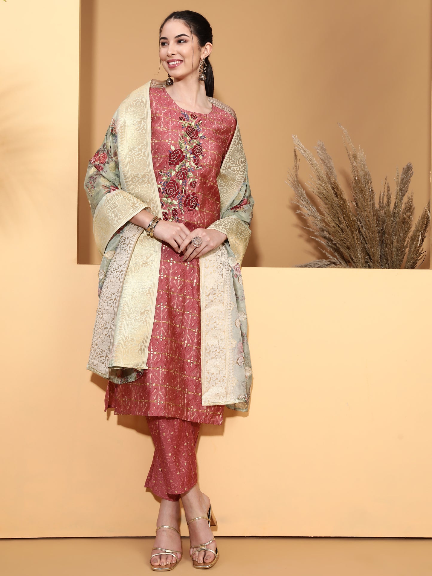 Be Indi Women Pink Embroidered Kurta With Pant & With Dupatta