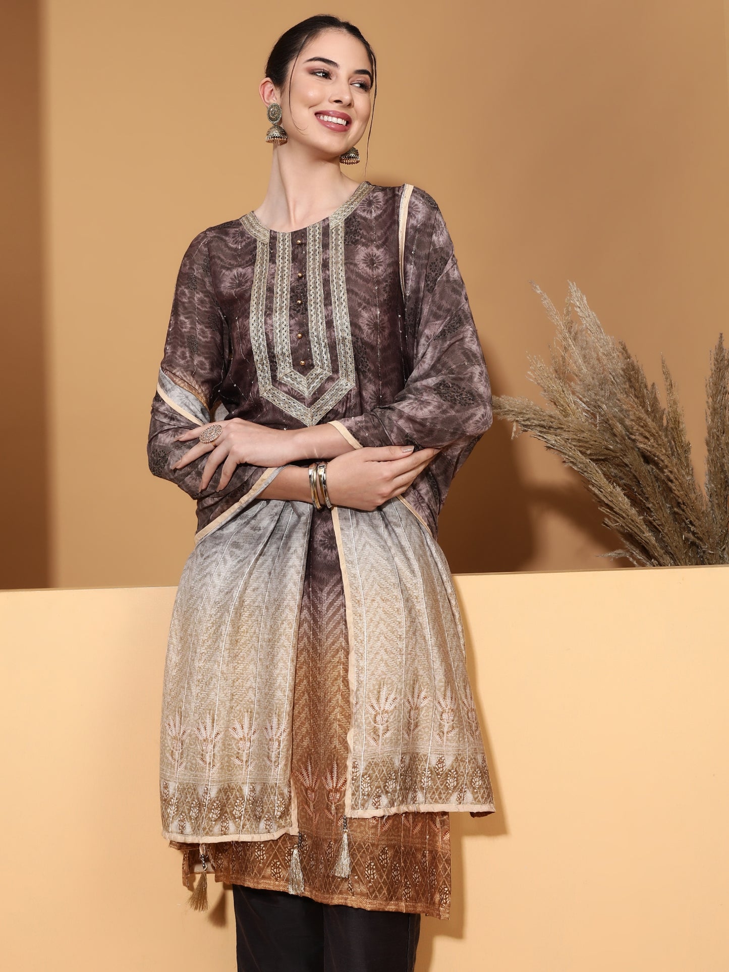 Be Indi Women Brown Lace Work Kurt With Pant With Dupatta